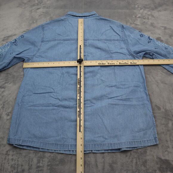 Passion-I Shirt Womens L Blue Denim Button Front Floral Embroidered Pocket - Picture 4 of 16